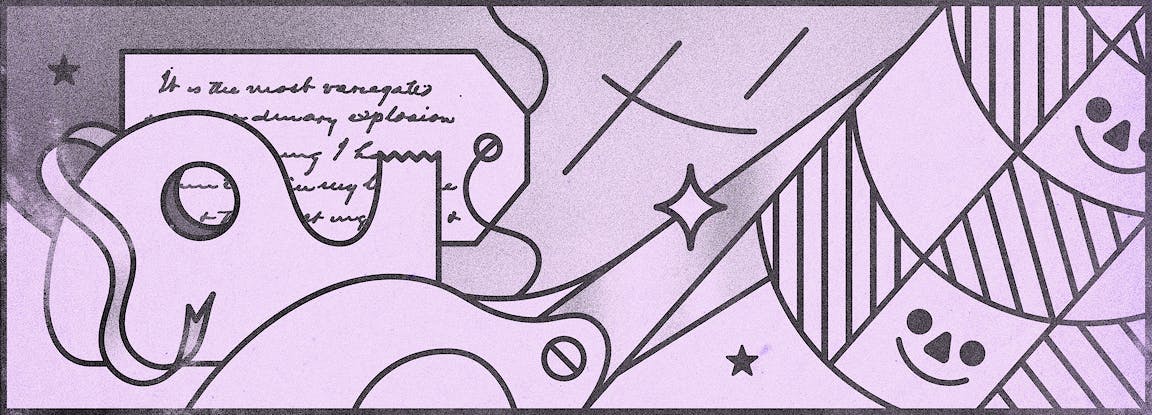 An illustration of scissors, wrapping paper, a gift tag, and tape.